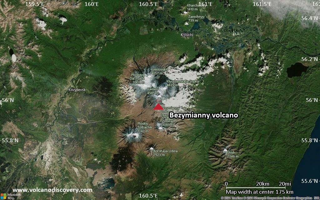 Satellite/aerial-type map of Bezymianny volcano (local scale medium)
