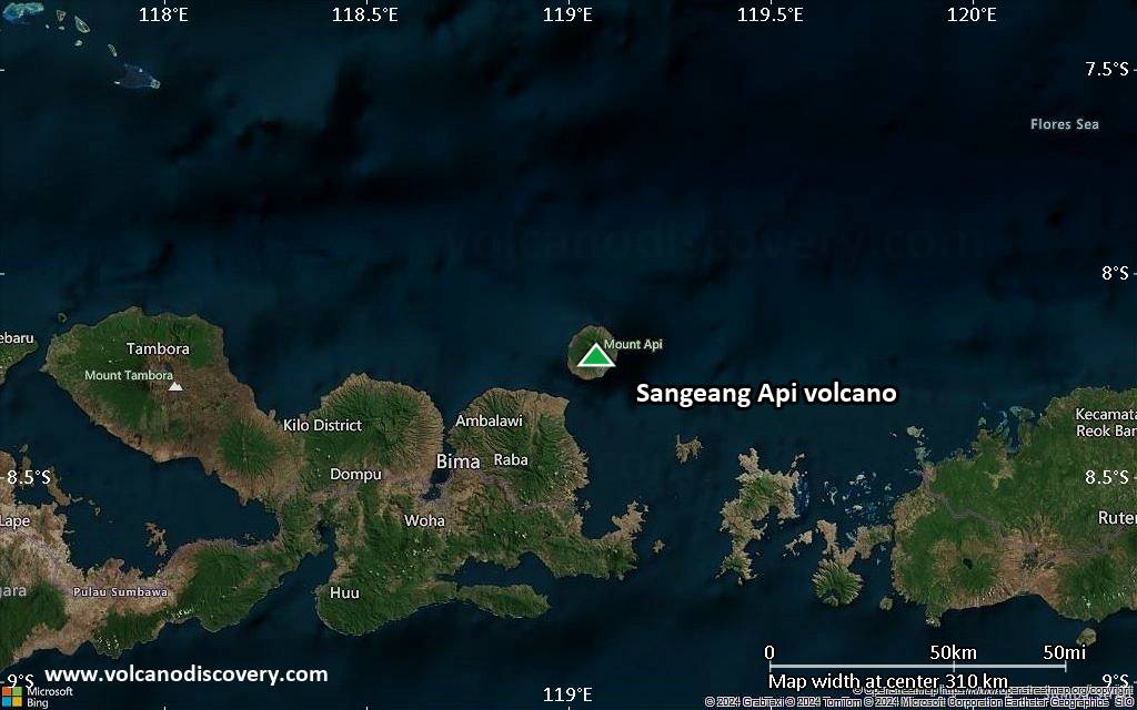 Satellite/aerial-type map of Sangeang Api volcano (local scale medium)
