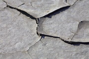 Small cracks on a drier section on the muddy surface of the lakeshore. (Photo: Tom Pfeiffer)