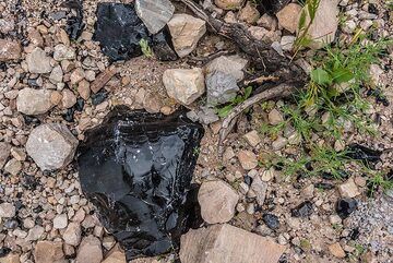 Close-up of obsidian pieces on the ground (Photo: Tom Pfeiffer)