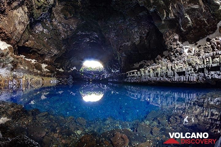 The lake inside the lava cave of La Corona volcano, called "jameos del aqua" and designed by the famous architect Cesar Manrique. Lanzarote February 2019. (Photo: Tobias Schorr)