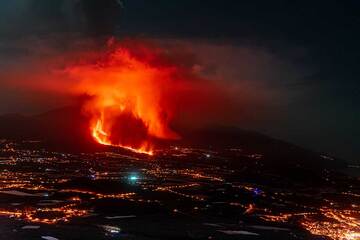 Der neue Lavastrom und die Eruptionswolke, spät in der Nacht am frühen 25. September von El Time aus gesehen. (Photo: Tom Pfeiffer)