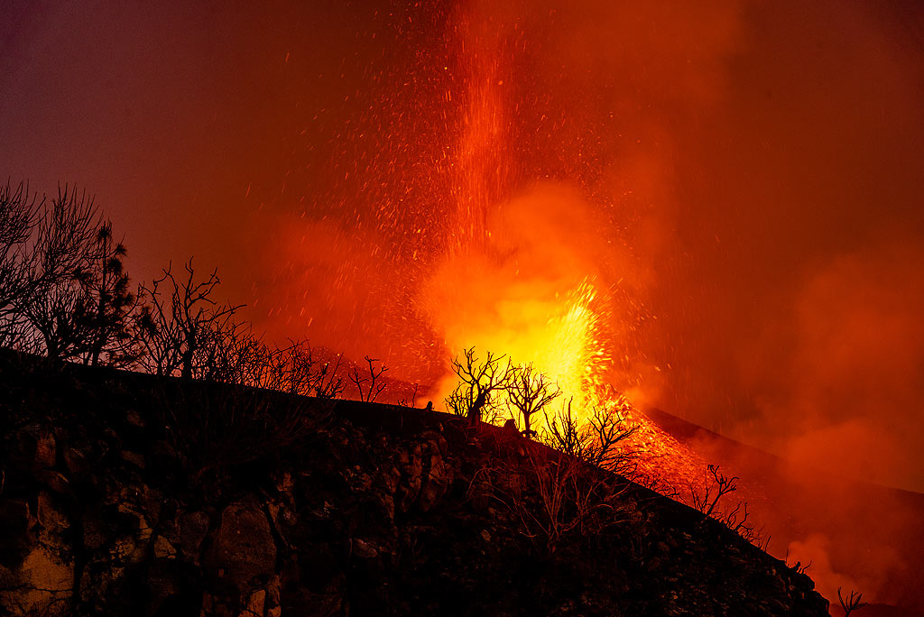 Silhouettes of vegetation with the eruption behind. (Photo: Tom Pfeiffer)