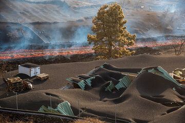 Roofs collapsed from the weight of the lapilli-ash deposit and the lava flow behind. (Photo: Tom Pfeiffer)