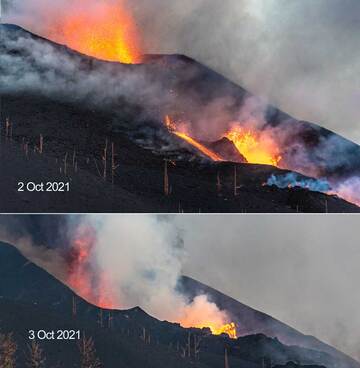 Comparison of roughly similar views from 2 and 3 Oct afternoon, showing the now missing northwestern upper crater wall (above) and the new crater valley (below) inside which now both the summit vents and the flank vents are located. (Photo: Tom Pfeiffer)