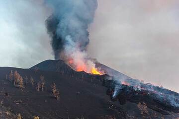 Vue du cône d'éruption de lave avec la rangée d'évents dans les nouveaux cratères en forme de vallée et la coulée de lave déclenchée par l'effondrement sur le flanc nord-ouest. (Photo: Tom Pfeiffer)