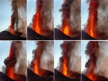 Sammlung von Lavafontänen bei Sonnenuntergang. (c)