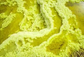 Yellow miniature salt terraces in a green pond at the Dallol hydrothermal springs (Danakil desert, Ethiopia) (Photo: Tom Pfeiffer)