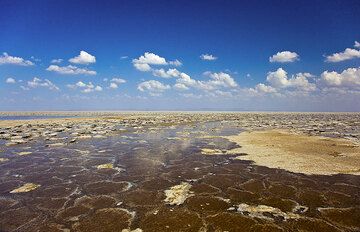 In diesem Teil des Sees ist das Wasser nur wenige Zentimeter tief und die Ränder der sechseckigen Salzkrustenplatten ragen hervor. (Photo: Tom Pfeiffer)