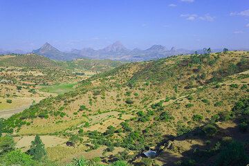 Paysage près d'Axoum ; les plus hautes montagnes en arrière-plan font partie du plateau basaltique de cheminette éthiopien (Photo: Tom Pfeiffer)
