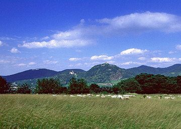 Θέα στον περίφημο θόλο από λάβα Drachenfels («Βράχος του Δράκου») των βουνών Siebengebirge. Αυτός ο θόλος λάβας σχηματίζεται κυρίως από τραιτικά πετρώμ (Photo: Tobias Schorr)