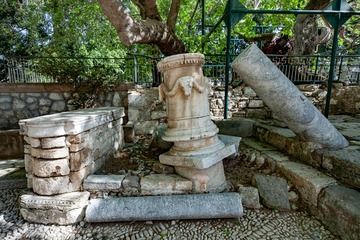 Parties antiques de colonnes et de stèle du platane hippocratique. (Photo: Tobias Schorr)