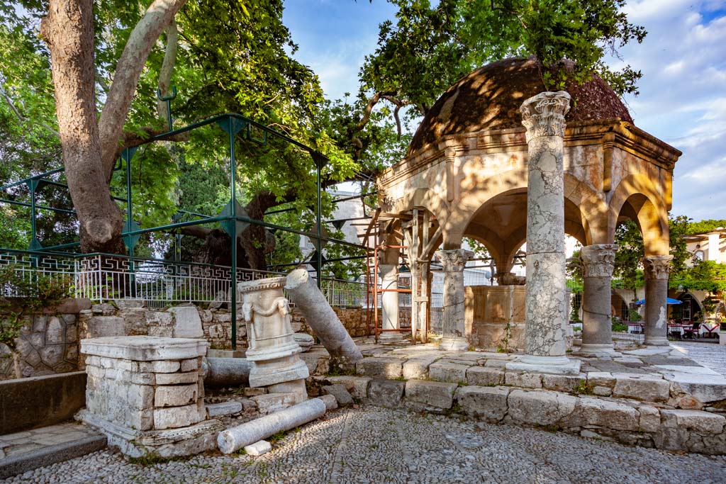 Ancient remains at the platane tree of the famous ancient doctor Hippokrates in Kos town. (Photo: Tobias Schorr)