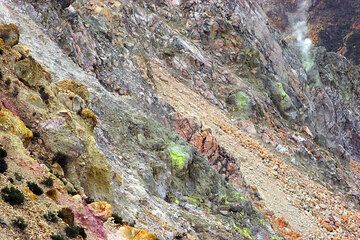 Fumaroles and colored rocks at the side of the crater. (c)