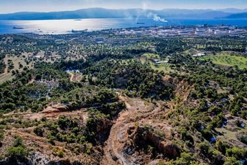 Aerial view towards the refinery of Agios Theodoros and the Saronic gulf. (Photo: Tobias Schorr)