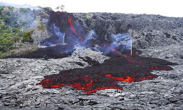 Die ersten Lavaströme vom Vulkan Kilauea (Hawaii) erreichen die Küstenebene seit März 2011 (5. Dezember 2011) (Photo: Philip Ong)