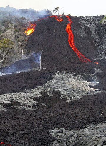 The leading edge of an 'a'a lava flow at the base of Pulama Pali, being fed from the Peace Day Fissure on Pu'u 'O'o vent on K?lauea volcano on December 4, 2011. A tree bursts into flame at the edge of the active lava flow. (Photo: Philip Ong)