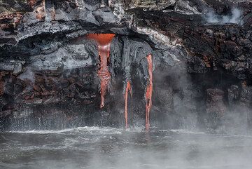 Открытая небольшая лавовая трубка питает три потока лавы, выливающихся на берег у входа в океан Камокуна вулкана Килауэа, ноябрь 2016 года. (Photo: Tom Pfeiffer)