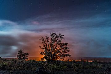 A single ohia tree silhouetted against the lava lake inside Halema'uma'u crater. (Photo: Tom Pfeiffer)