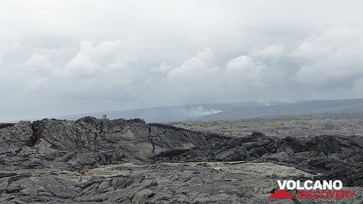 Tag 2: Ein Tumulus entsteht, wenn die kalte Lavakruste durch darunter fließende neue Lava aufgeblasen wird und die seilartige, strukturierte Oberfläche nach oben drückt. (Hintergrund: Vulkangase, die über den größtenteils unterirdischen Weg aktiver Lavaströme aufsteigen) (Photo: Steven Van den Berge / Lana Van Heghe)