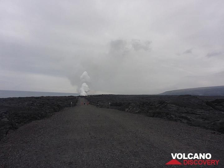 Jour 2 : La nouvelle route formée vers l'entrée de l'océan de lave de Kamokuna dont le panache de vapeur ondulant est visible en arrière-plan (l'ancienne route asphaltée a été détruite et ensevelie par les précédentes coulées de lave) (Photo: Ingrid Smet)