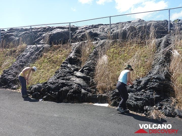 Day 5: Studying the ropey texture of the pahoehoe lava that burn through the metal wire fence and rand down the small slope (Photo: Ingrid Smet)