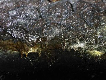 Die Decke der Lavaröhren ist mit gefrorenen, tropfenden Lavasteinen bedeckt, die zurückgeblieben sind, als die Lava aus dem Tunnel abfloss (Photo: Ingrid Smet)