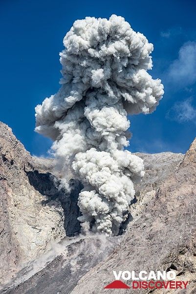 A larger eruption of Bat Tara volcano (Indonesia) produces a nice ash plume rising vertically. (Photo: Tom Pfeiffer)