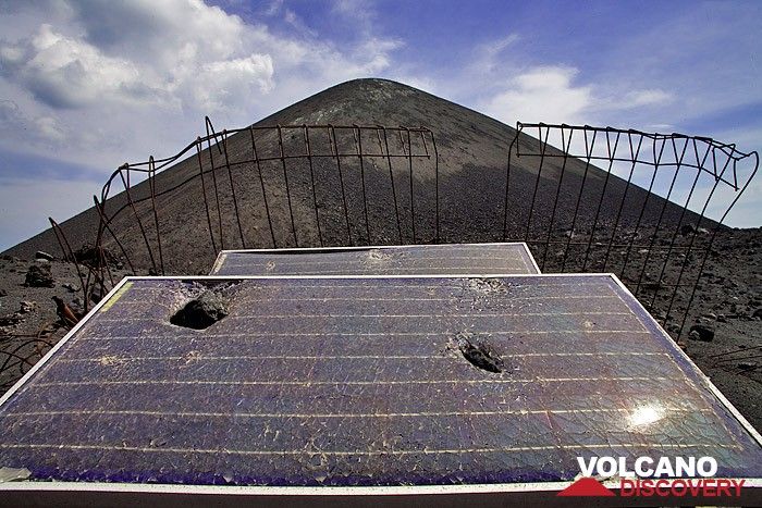 Solar cells of the seismic station on Anak Krakatau that have been damaged by volcanic bomb impacts. (Photo: Tobias Schorr)