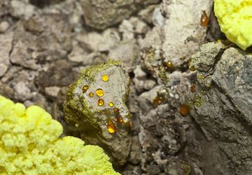 Liquid sulphur perls inside a fumarole of Papadayan volcano (Photo: Tobias Schorr)