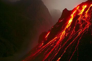 Glowing rock falls from the active lava dome of Kelut volcano (Nov 2007). (c)