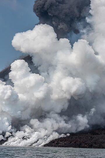 Die mit dem Wind in nordöstlicher Richtung treibende Dampfwolke bedeckt den größten Teil des Gipfelkegels, wo durch kontinuierliche explosive Aktivität eine dunkle Aschewolke entsteht. (Photo: Tom Pfeiffer)