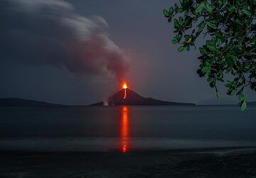 View from the beach at our campsite; our lights illuminate the trees behind and partially above us. The new lava flow is quite small and seems not to progress much any more, eventually stalling and becoming weaker in glow. (Photo: Tom Pfeiffer)