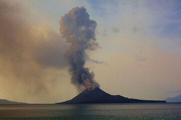 A tall eruption plume reaching approximately 1.5 km elevation. (Photo: Tom Pfeiffer)