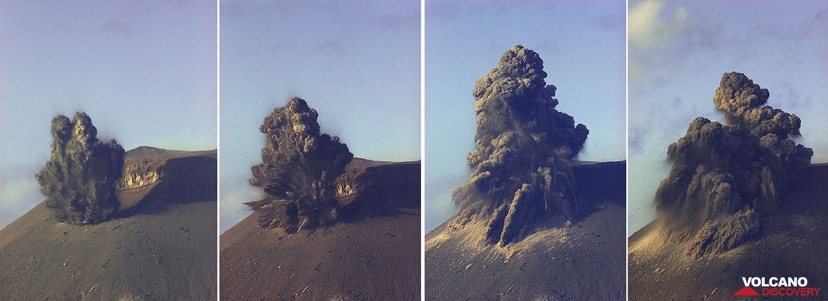 Sequence of a typical small vulcanian-style explosion at the new crater. (Photo: Tom Pfeiffer)