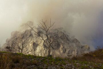 Many trees (on adjacent hills = older lava domes) in have suffered from the drought more than from light ash fall,- the rainy season has yet to come. (Photo: Tom Pfeiffer)