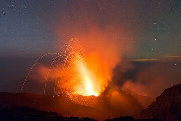 After rather quiet summer months, Stromboli's activity picked up again in mid to late October (interestingly at the same time with Etna). The following photos were taken during our recent group tours to Vulcano, Stromboli and Etna in late Oct and early November 2013. The most vigorous activity was from the NW vents (towards Ginostra) which erupted at intervals of 5-15 minutes, sending incandescent material to heights of up to 200-300 m.  (Photo: Tom Pfeiffer)