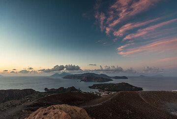 Sunset view from the summit of La Fossa volcano, Vulcano, with Salina, Lipari, Panarea and Stromboli in the background (Photo: Tom Pfeiffer)