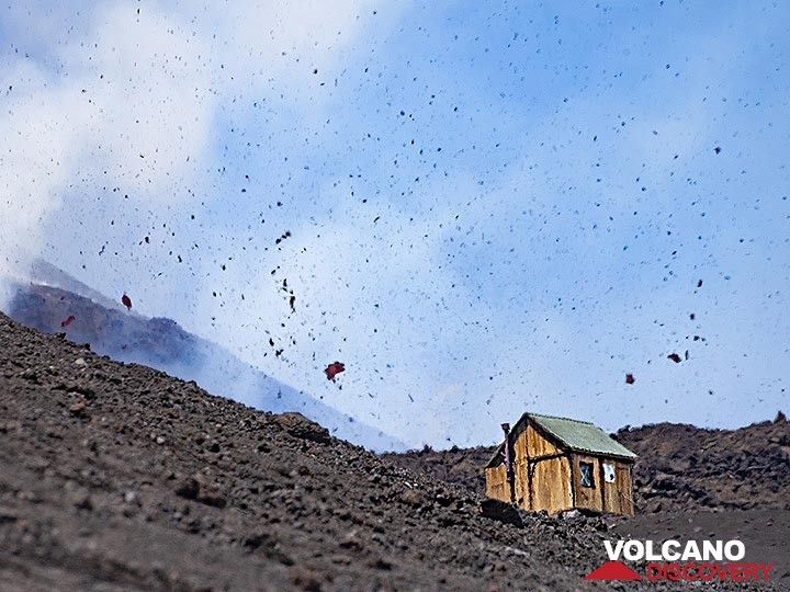 Big pieces of hot lava are thrown out from the fissure eruption in May 2019 at Etna volcano. (Photo: Tobias Schorr)