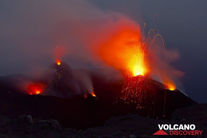 View of the active vents in the crater terrace from Pizzo, with a small strombolian eruption from the northern NE vent, which otherwise has been constantly spattering. (Photo: Tom Pfeiffer)