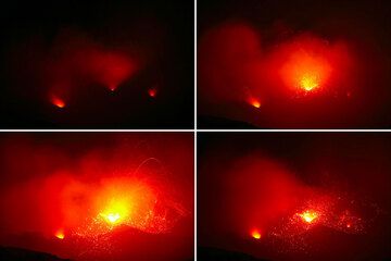 A bright yellow blob of viscous lava appears in the NE vent, forms a bubble and explodes. After the initial explosion, several powerful jets of spatter-rich erupt from the opened vent. (c)
