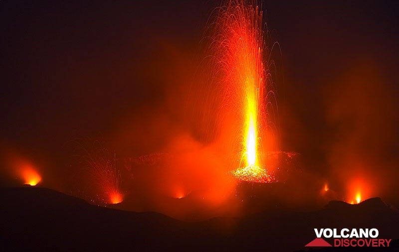 Candle-like strong eruption from a vent in the central crater area of Stromboli volcano (c)
