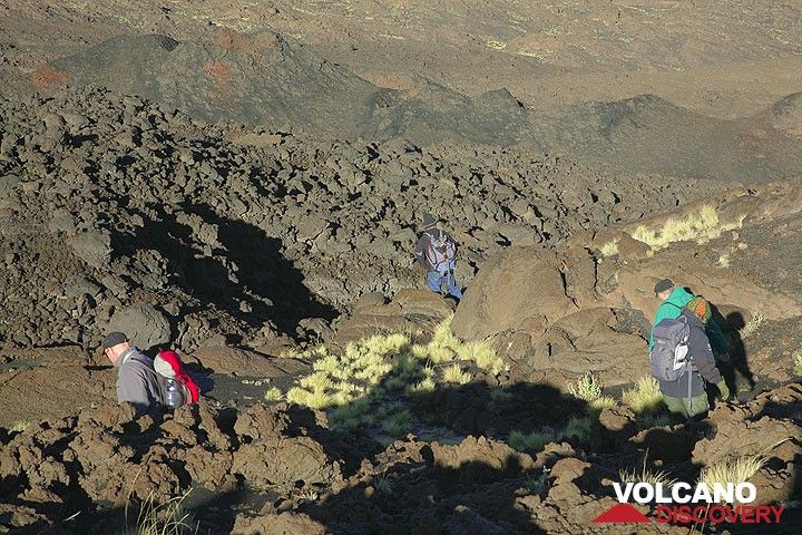 After about 30 minutes, we reach the spatter cones on the eruptive fissure from a spectacular fissure eruption in 1947. (Photo: Tom Pfeiffer)