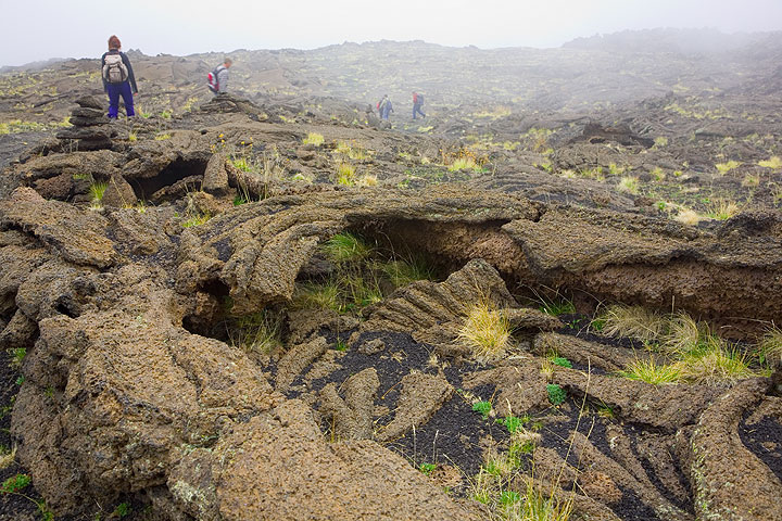 The colapsed thin roof of pahoehoe lava over a nice lava channel. (Photo: Tom Pfeiffer)