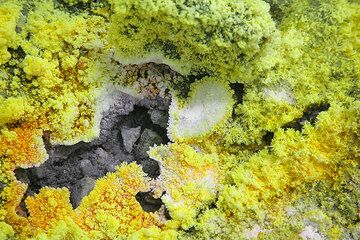 Los depósitos de yeso blanco y azufre amarillo forman extrañas costras alrededor de las fumarolas que tienen temperaturas generalmente entre 100 y 300 grados centígrados. (Photo: Tom Pfeiffer)