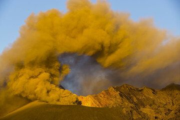 Golden morning light on Showa crater emitting an ash plume. (Photo: Tom Pfeiffer)