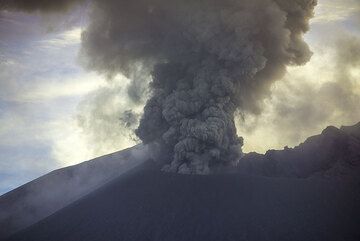 Ascheemissionen erreichen eine Höhe von etwa 500 m über dem Showa-Krater (14. Juli). (Photo: Tom Pfeiffer)