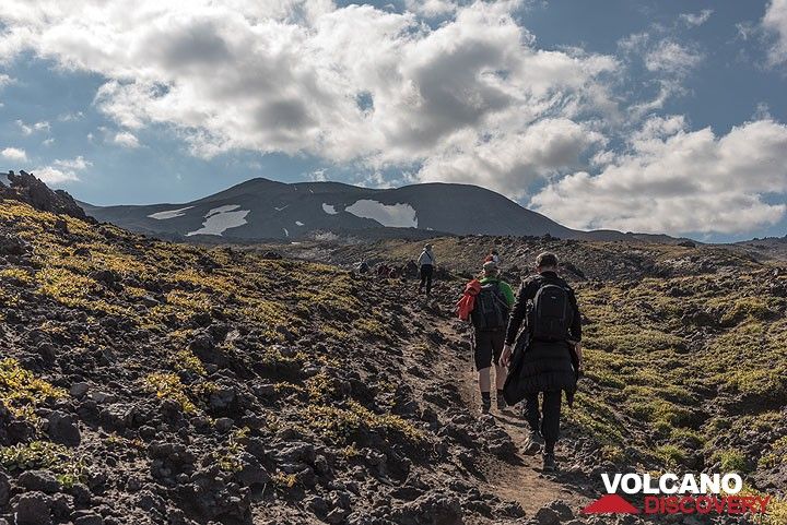 The trail over old lava flow fields of Gorely is easy to walk, gently climbing for about 8 km and 800 m total gain from the base to the summit area. (Photo: Tom Pfeiffer)