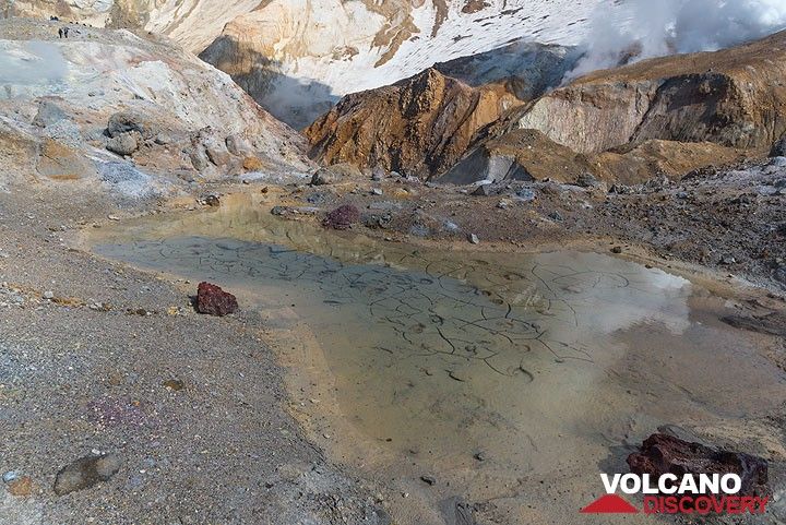 Petit étang reflétant le panache de vapeur d'une fumerolle. (Photo: Tom Pfeiffer)