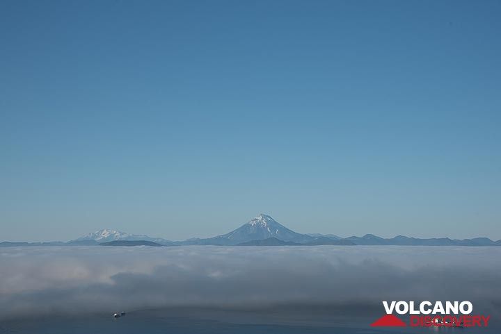 Blick über die nebelbedeckte Bucht zum Vulkan Vilyuchinsky. (Photo: Tom Pfeiffer)